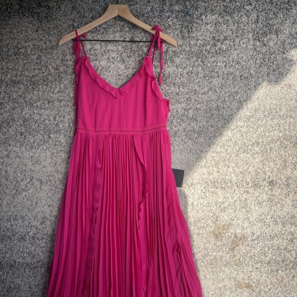 Lulus Dress Womens Large Pink Pleated Ruffle Tie Shoulder Lined Cocktail Midi - Picture 1 of 6